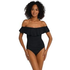 La Blanca Island Goddess Black Off the Shoulder One Piece Swimsuit Size 4